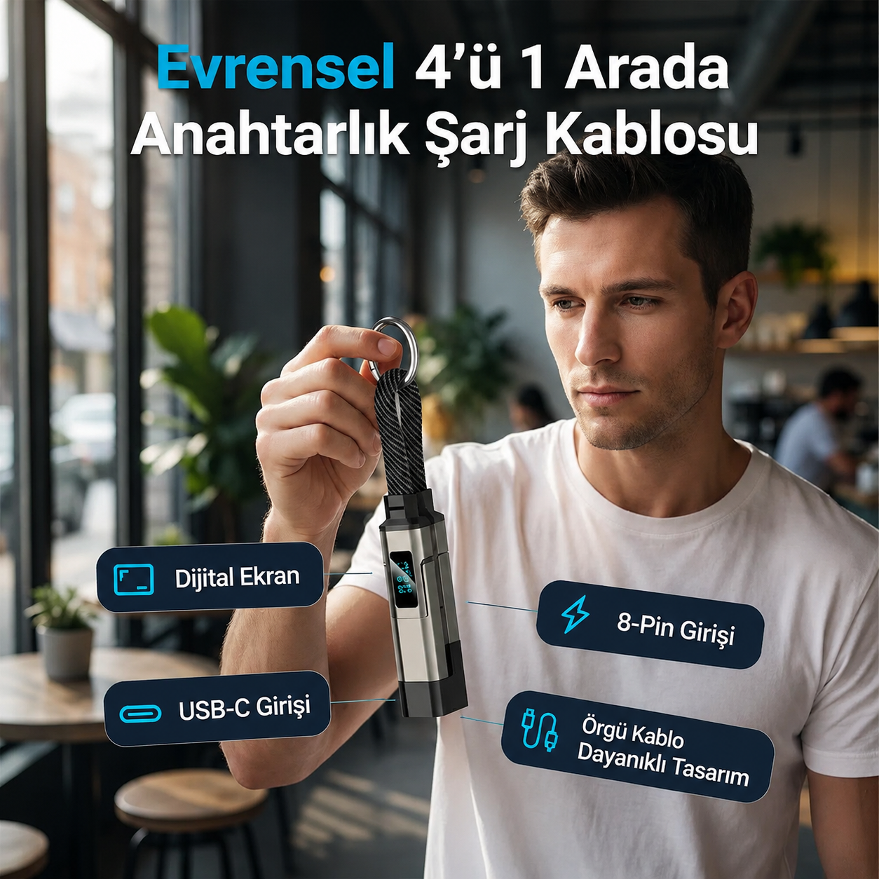Viora™ 4'ü 1 Arada Dijital Ekranlı Anahtarlık Şarj Kablosu