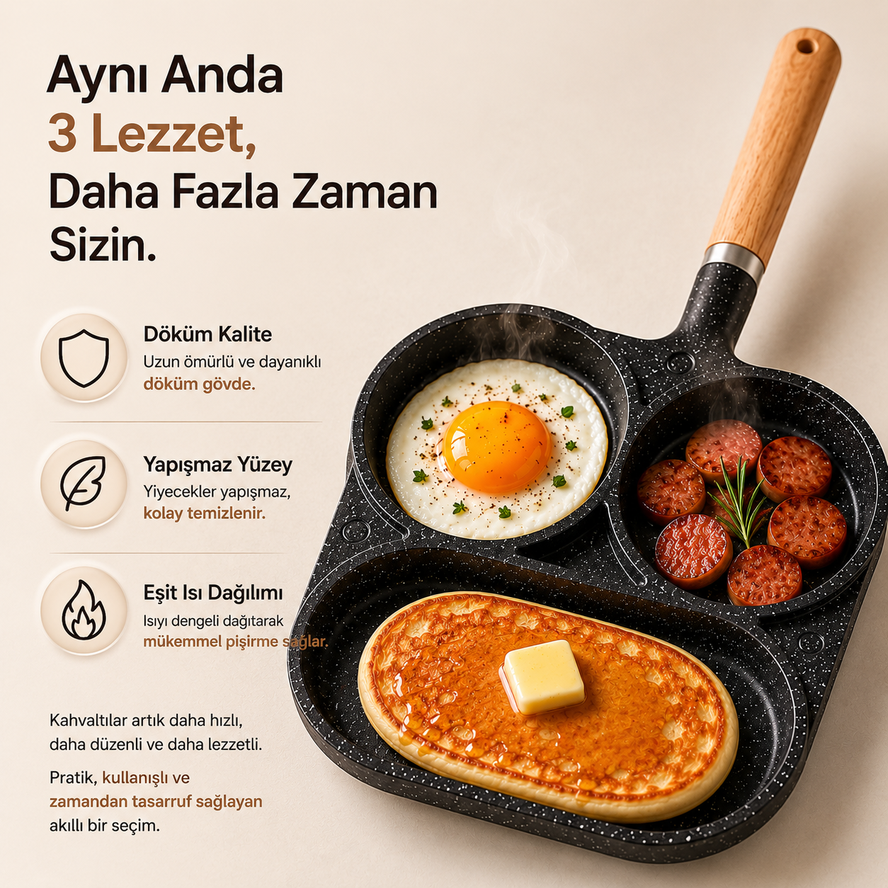 YUMU LIFE™ 3 Bölmeli Döküm Kahvaltı Tavası