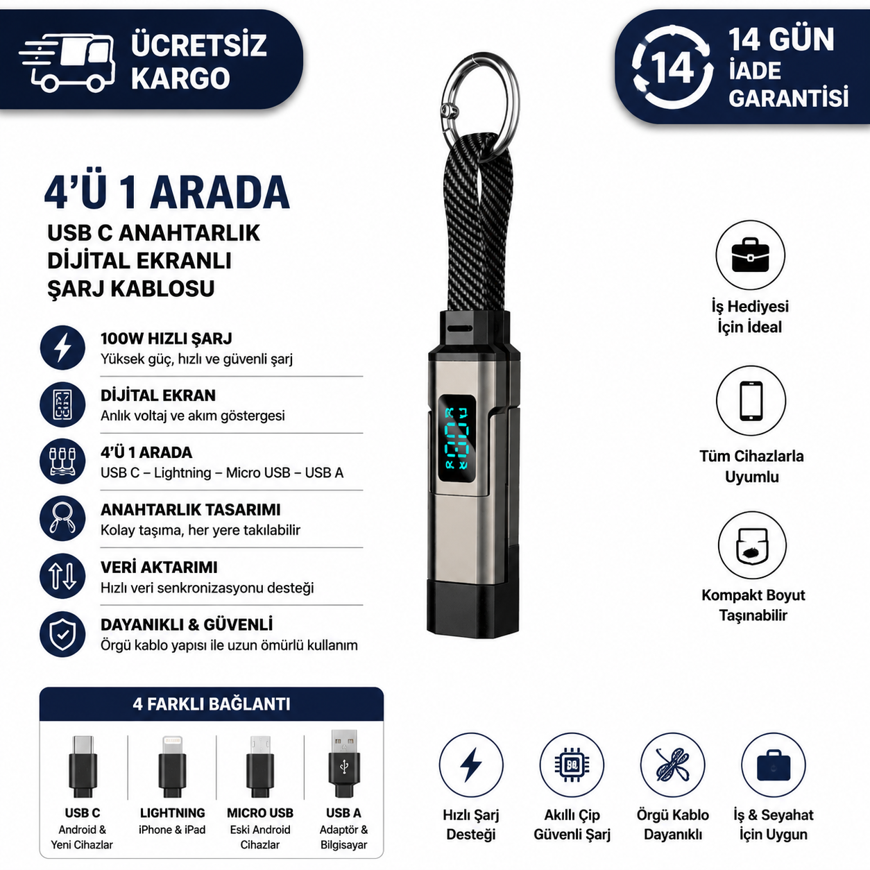 Viora™ 4'ü 1 Arada Dijital Ekranlı Anahtarlık Şarj Kablosu