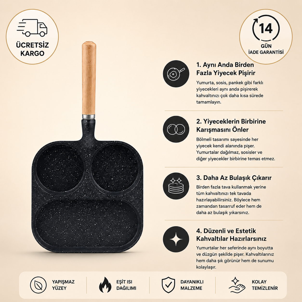 YUMU LIFE™ 3 Bölmeli Döküm Kahvaltı Tavası