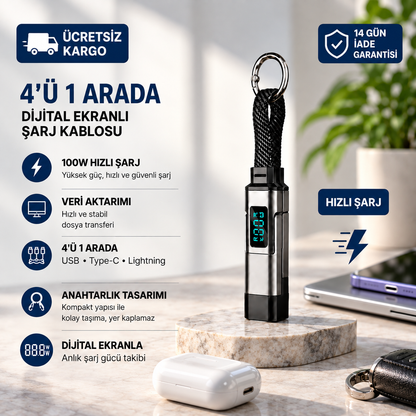 Viora™ 4'ü 1 Arada Dijital Ekranlı Anahtarlık Şarj Kablosu